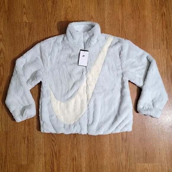 Nike Sportswear Faux Fur Swoosh Jacket Photon Dust Grey Giant Logo Dunk Low L - Picture 1 of 16